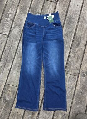 HALARA, Flex Jeans, Womens, Blue High Waisted Crossover Wide Leg, Stretch Denim